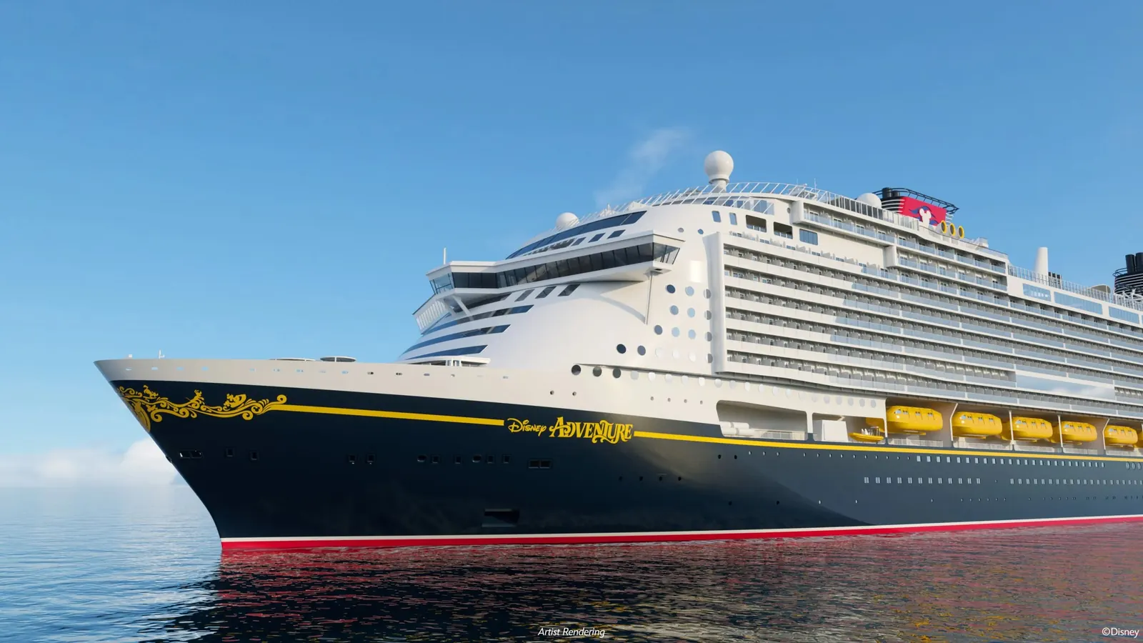 Ilustração do navio Disney Adventure, com a proa e o nome dourado no casco