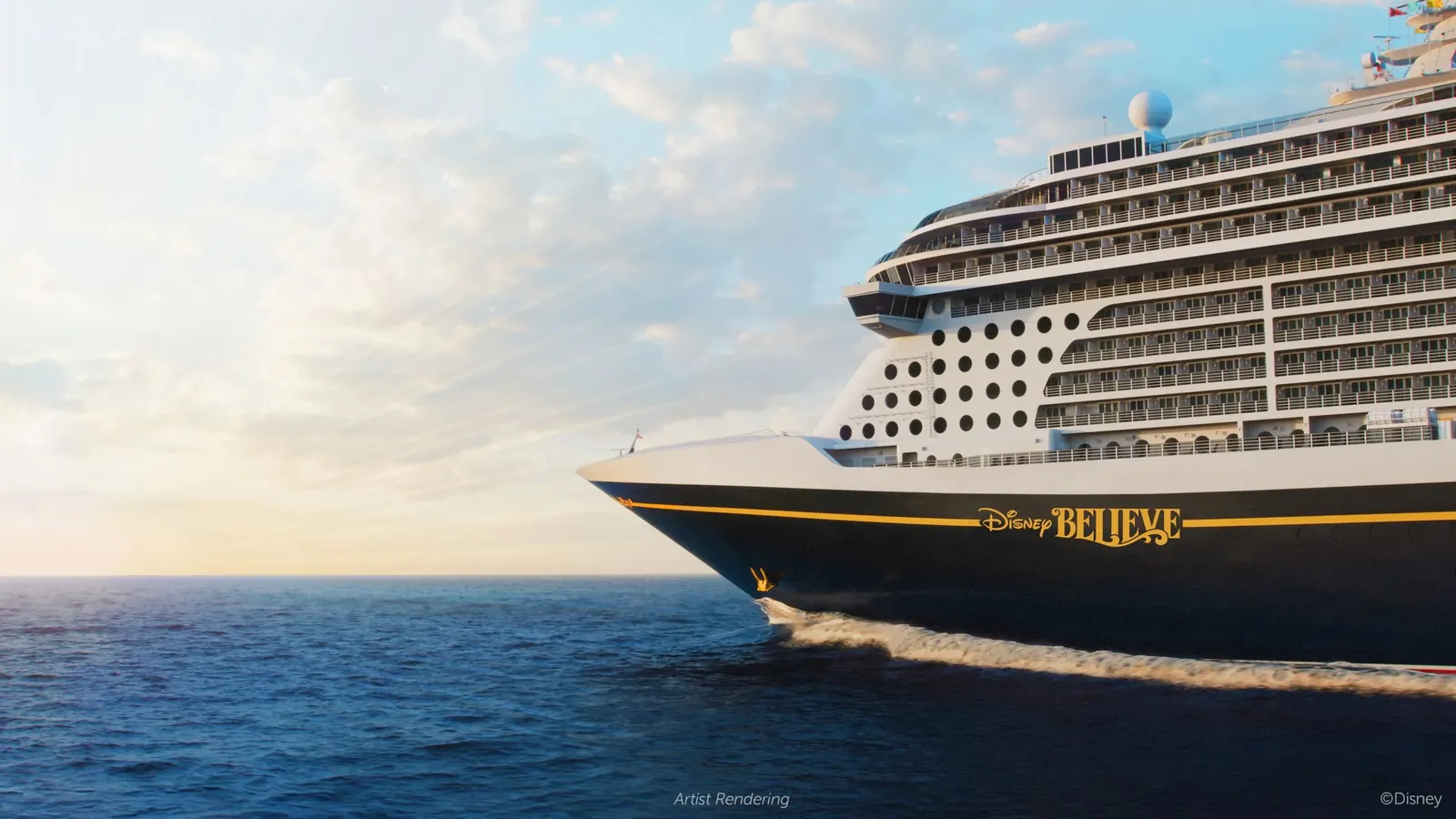 Ilustração do navio Disney Believe, com a proa em destaque e o mar ao fundo