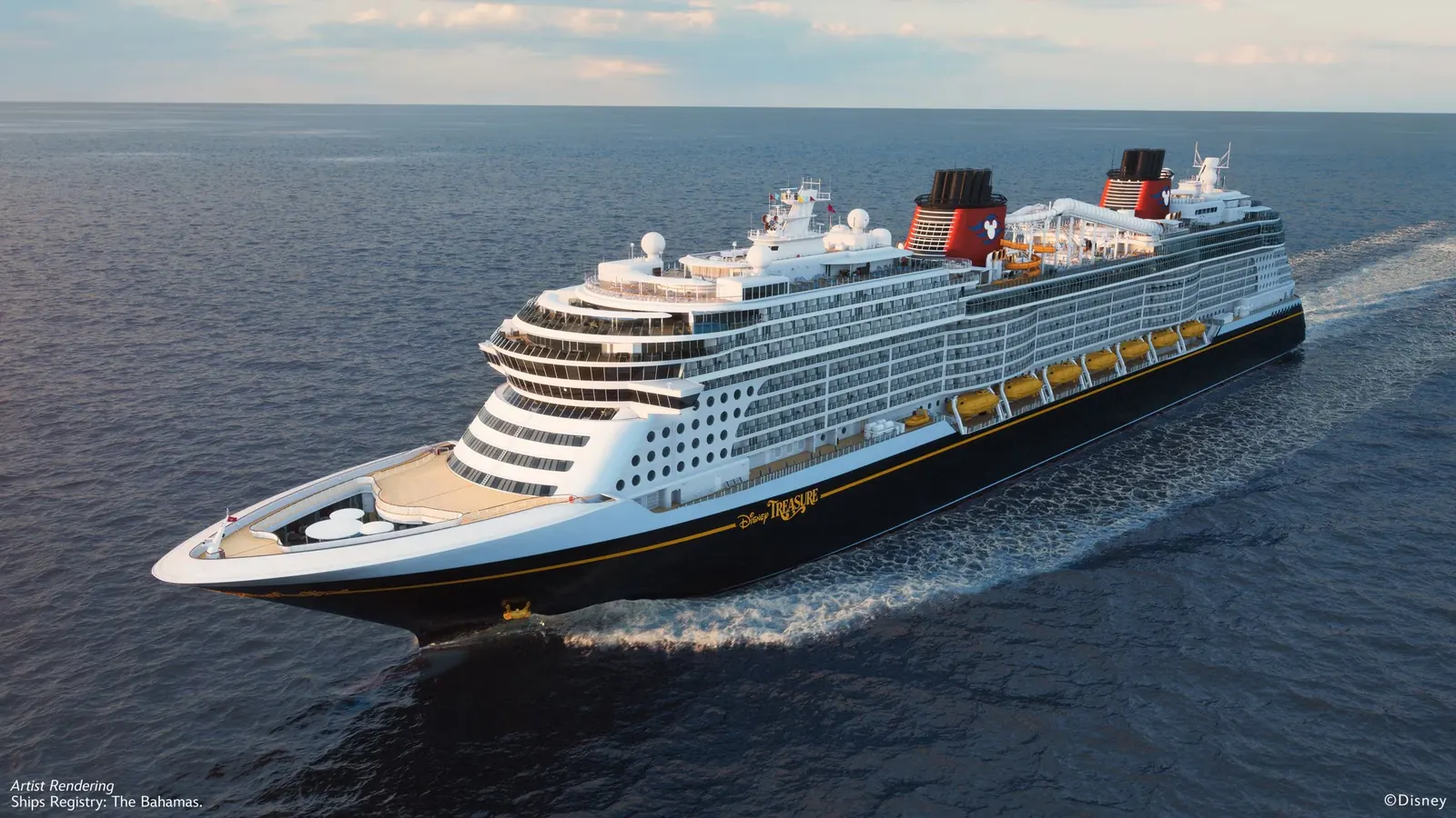 Ilustração do navio Disney Treasure navegando em alto-mar